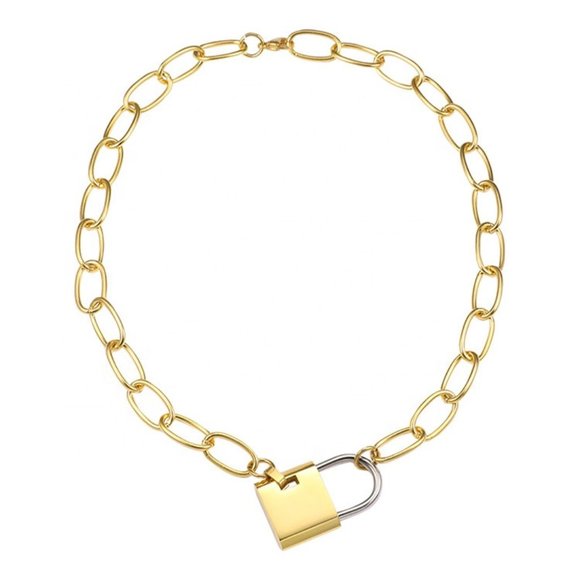 18K Gold Stainless Steel Padlock Pendant Chain - Picture 2 of 5